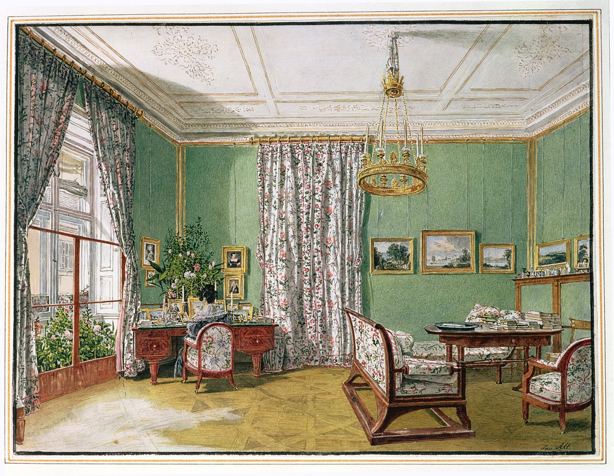 En dam vid sitt skrivbord i ett Biedermeier-vardagsrum, c.1821 av Jakob Alt