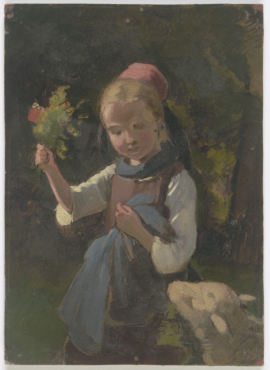 Bondflicka med blomsterbukett, från höger ett får av Jakob Becker