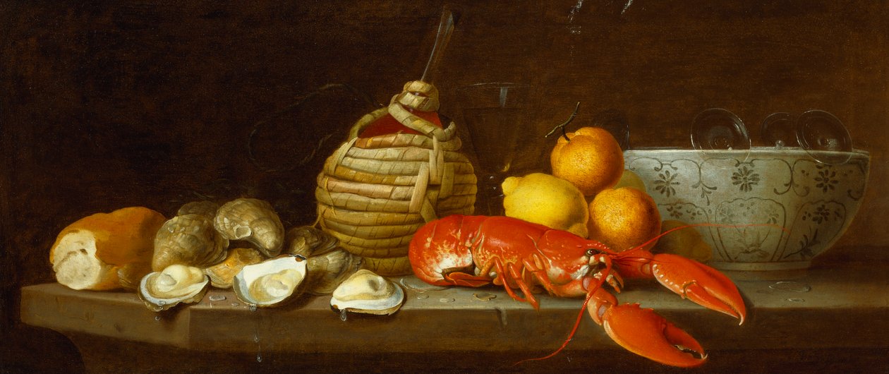 Bröd, ostron, en Chianti-kolv, en hummer, citroner, apelsiner och glas i en porslinsskål på en avsats av Jakob Bogdani or Bogdany