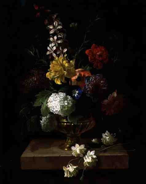 Stilleben av blommor i en urna (olja på panel) av Jakob Bogdani or Bogdany