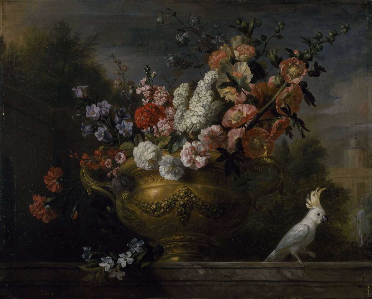 Stilleben med blommor i en urna, med en kakadua, på en avsats, ca 1699 (olja på duk) av Jakob Bogdani or Bogdany