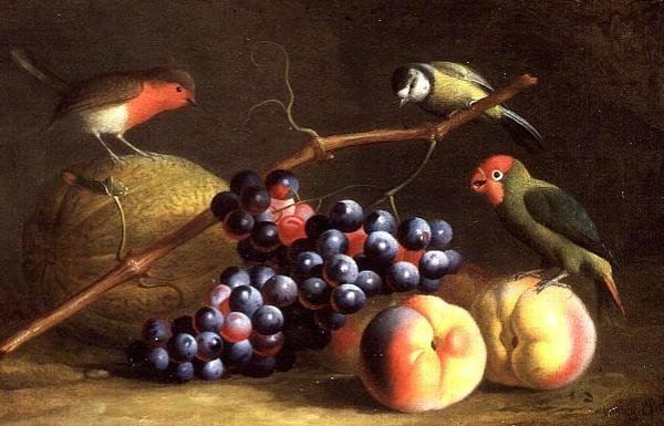 Tre fåglar med persikor, vindruvor och en melon av Jakob Bogdani or Bogdany