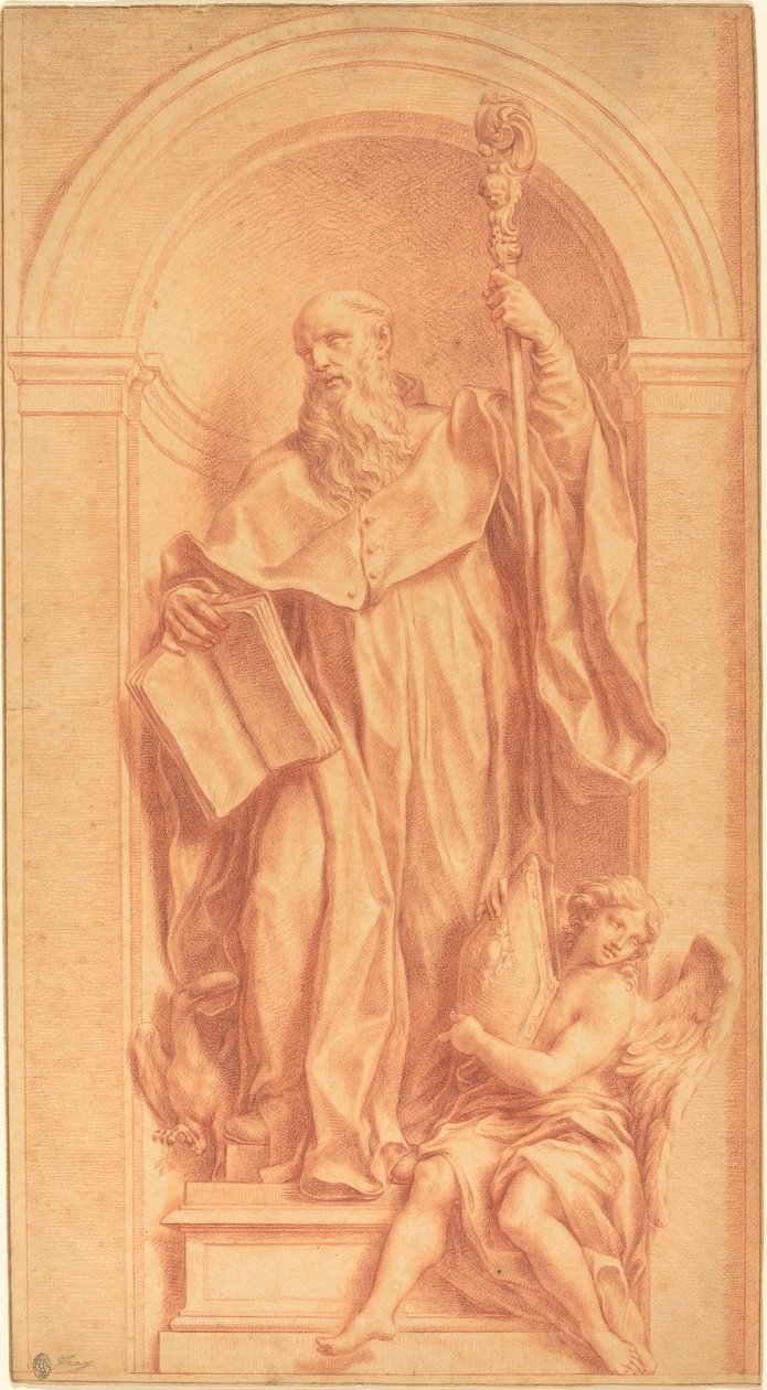 En skulptur av Saint Benedict i en nisch av Jakob Frey