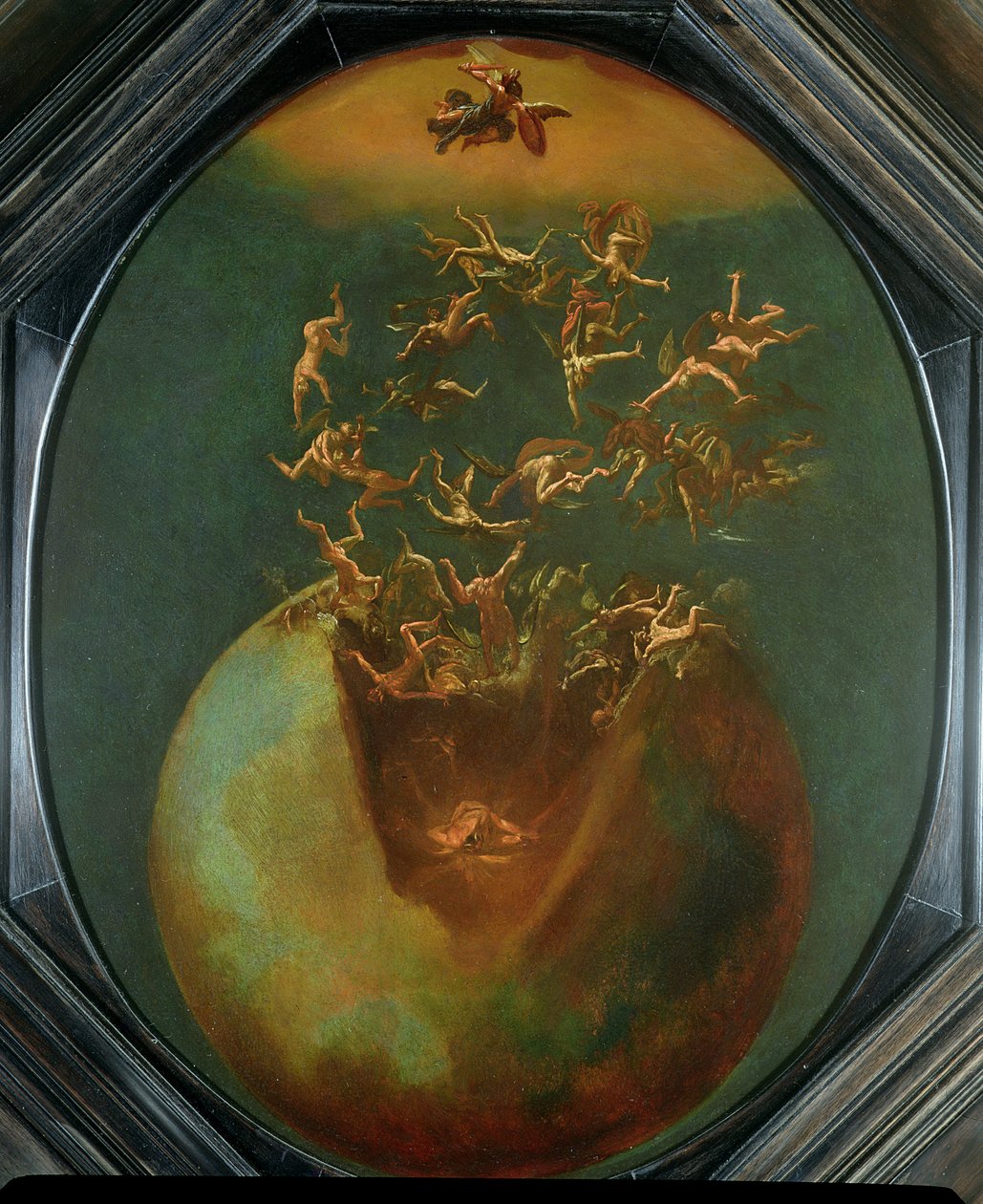 Satans fall och de rebelliska änglarna från himlen (olja på försilvrad koppar) av Jakob Isaaksz Swanenburgh