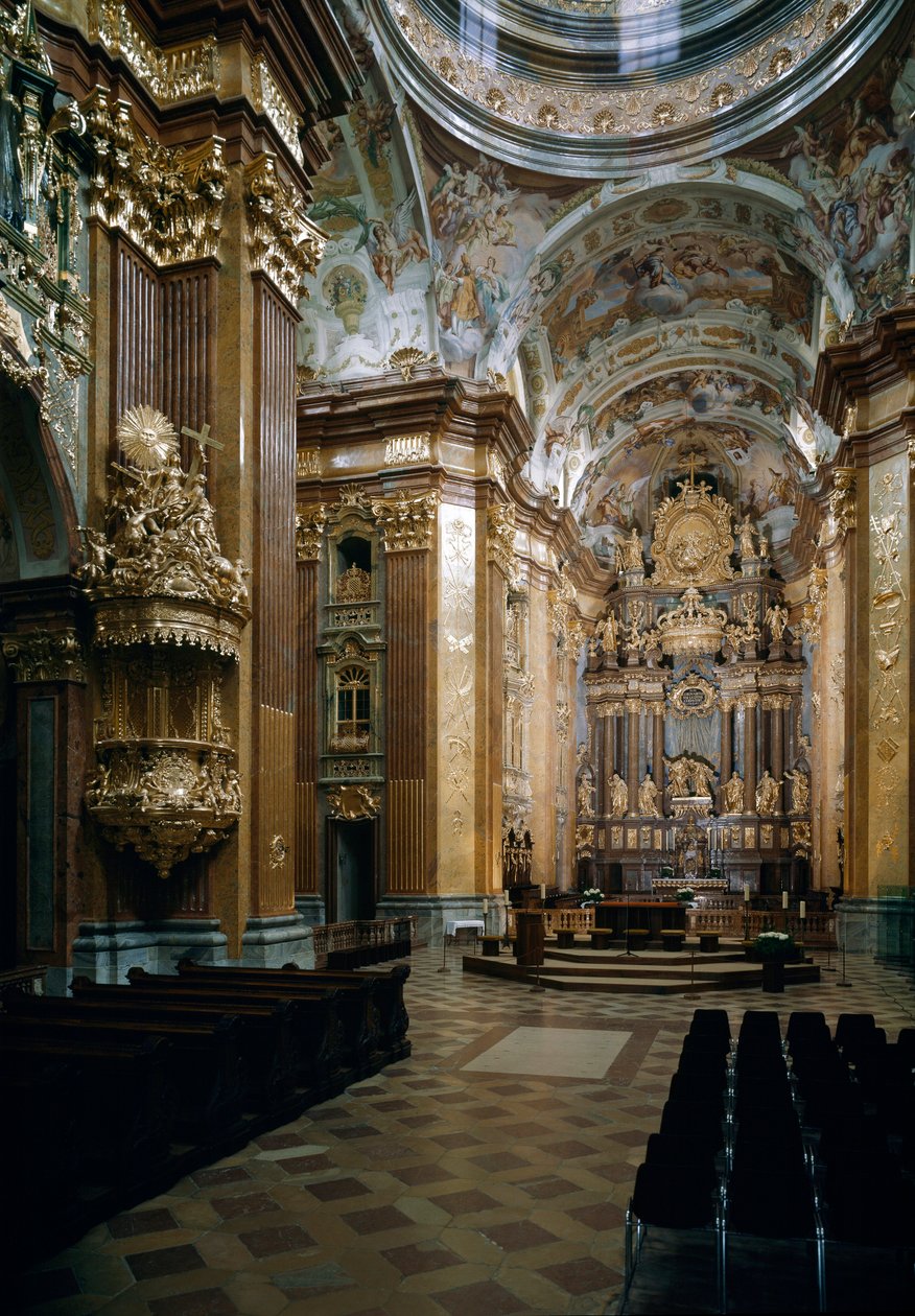 Inneifrån av Benediktinerkyrkan i Melk designad av arkitekten Jakob Prandtauer (1660-1726), fresker av Johann Michael Rottmayr (1656-1730). Melk, Österrike av Jakob Prandtauer