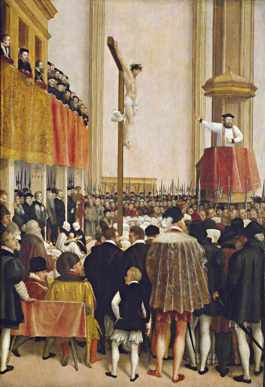 Predikan av påven Cornelio Mussos legat i Augustinerkyrkan i Wien av Jakob Seisenegger