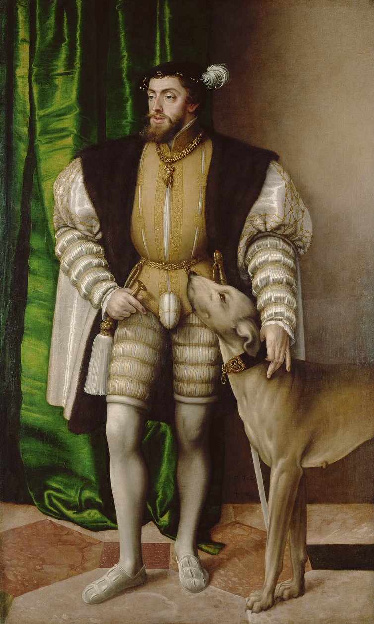 Porträtt av kejsar Karl V med hund av Jakob Seisenegger