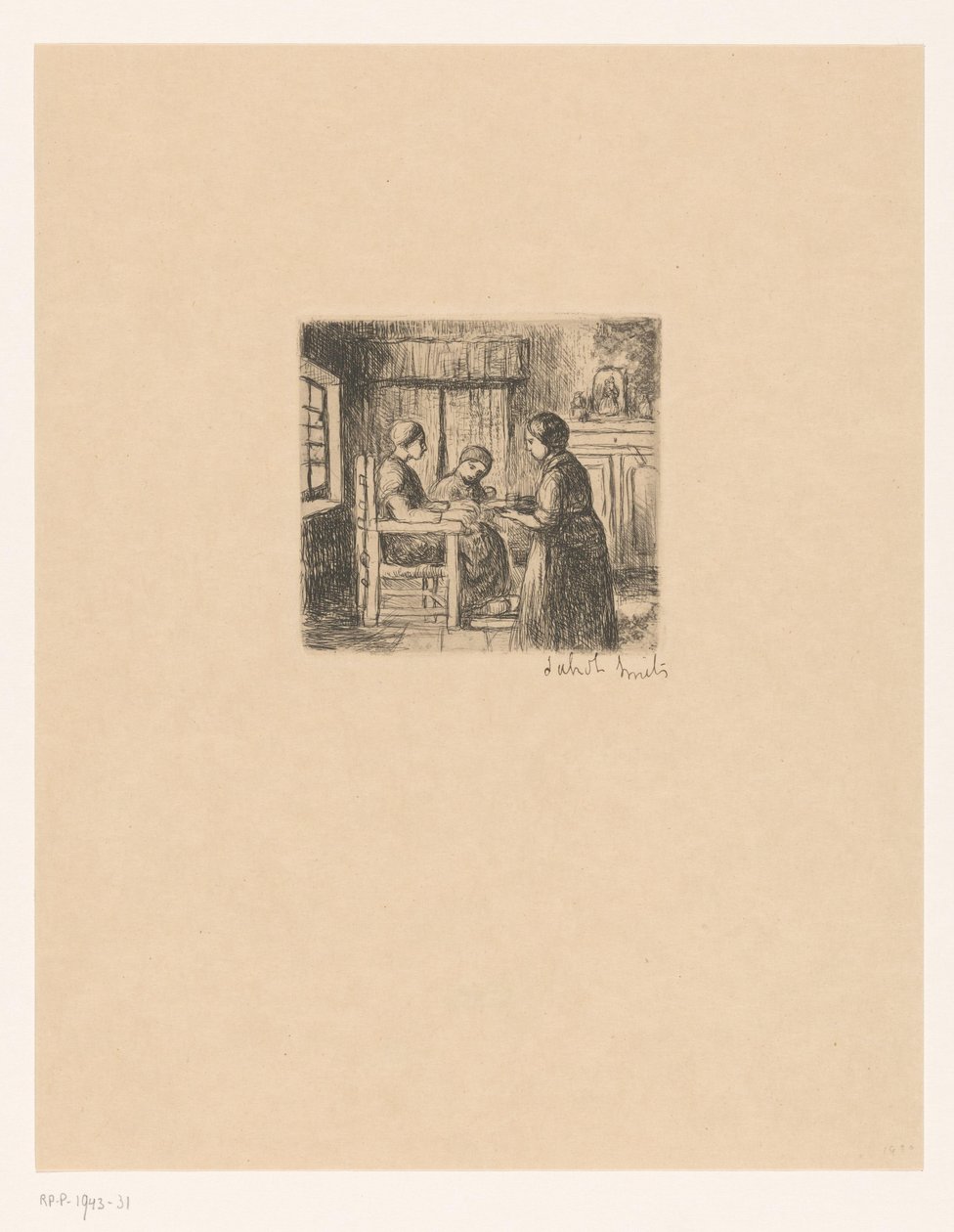 Interiör med tre personer The Sick (titel på objekt) av Jakob Smits (signed by artist)