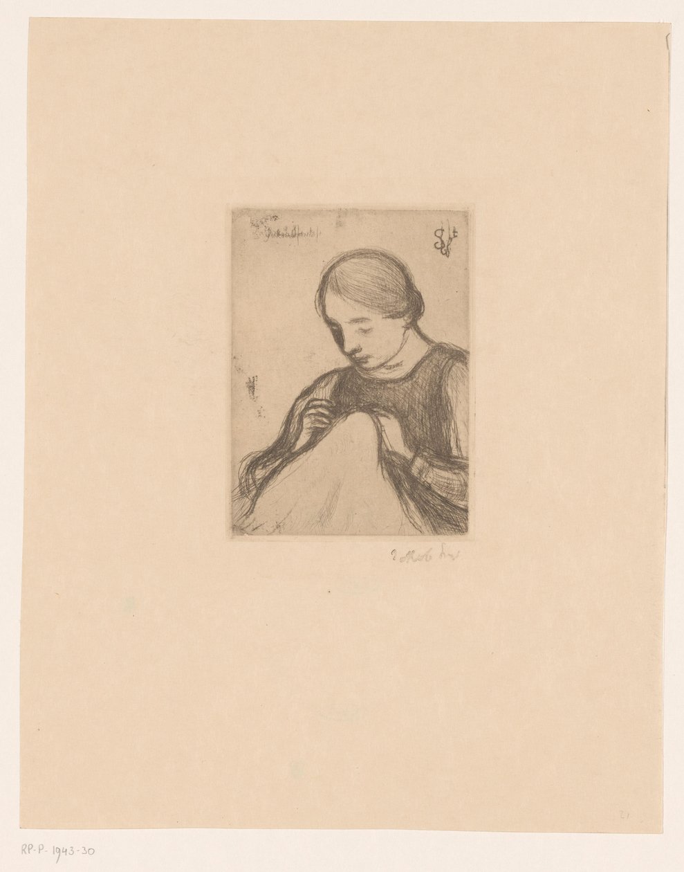 Porträtt av Malvina Dedeyn med handarbete Sömmerskan (titel på objekt) av Jakob Smits