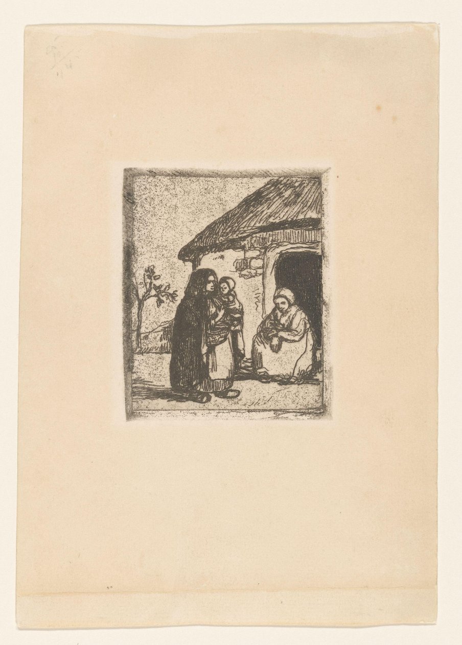 Två kvinnor och ett barn framför ett hus Little Beggar (originaltitel) av Jakob Smits