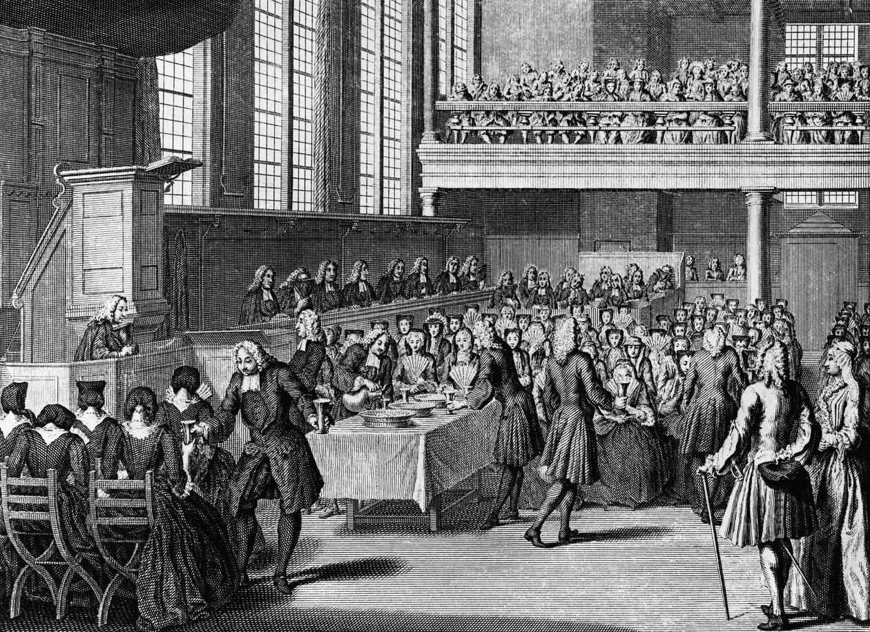 Döpares middag, gravyr av Jacobus van der Schley (1715-1779) från religiösa ceremonier och seder hos alla världens folk av Jakob van der Schley