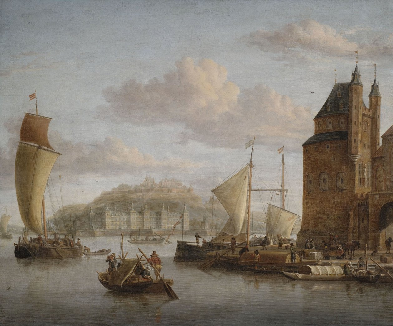 Nördlicher Hafen an einem Schloss mit zahlreichen Lastbooten und Kaufleuten. av Jakobus storck
