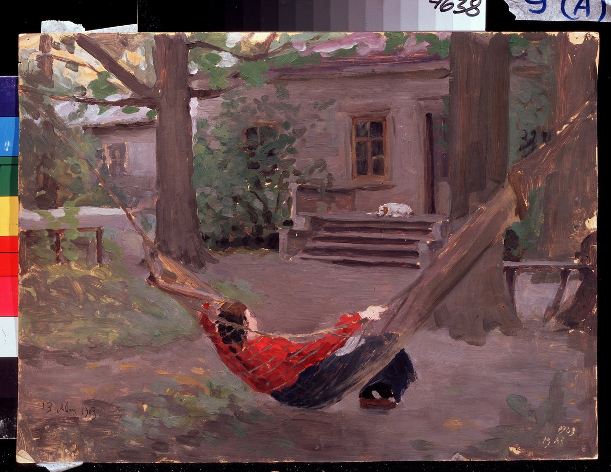 ""Dans le hamac"" Målning av Jakov Kalinichenko (1869-1938) 1903 State Regional I. Pozhalostin Art Museum, Ryasan av Jakoff Jakovlevitch Kalinitchenko