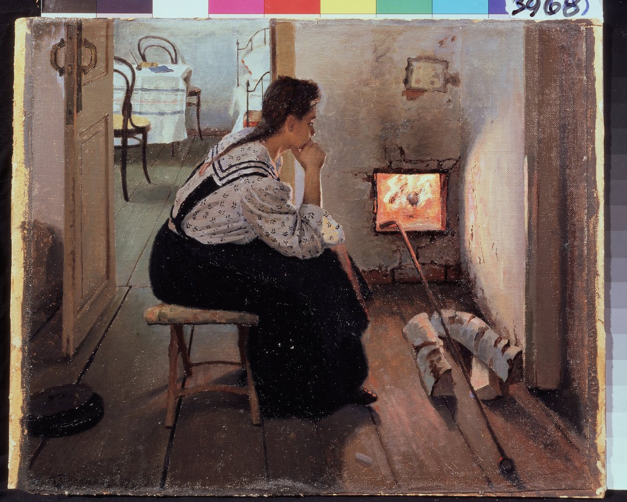 ""Tankar vid kaminen"" (Tankar vid kaminen) En ung kvinna som sitter fundersam framför brasan. Målning av Jakov Kalinichenko (1869-1938) 1897 State Regional I. Pozhalostin Art Museum, Ryasan av Jakoff Jakovlevitch Kalinitchenko