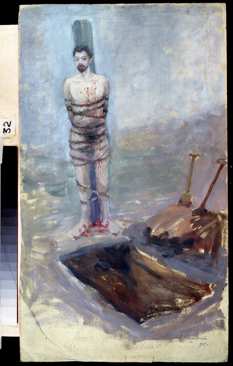 Ryska revolutionen 1905: ""Avrättningen"" En dömd bunden till en stolpe nära sin grävda grav. Målning av Jakov Kalinichenko (1869-1938) 1905 State Regional I. Pozhalostin Art Museum, Ryasan av Jakoff Jakovlevitch Kalinitchenko