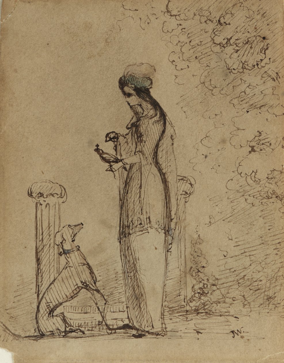 A Woman with a Dog and Bird, ca 1850-51 (penna och bläck på ljusbrunt papper) av James Abbott McNeill Whistler