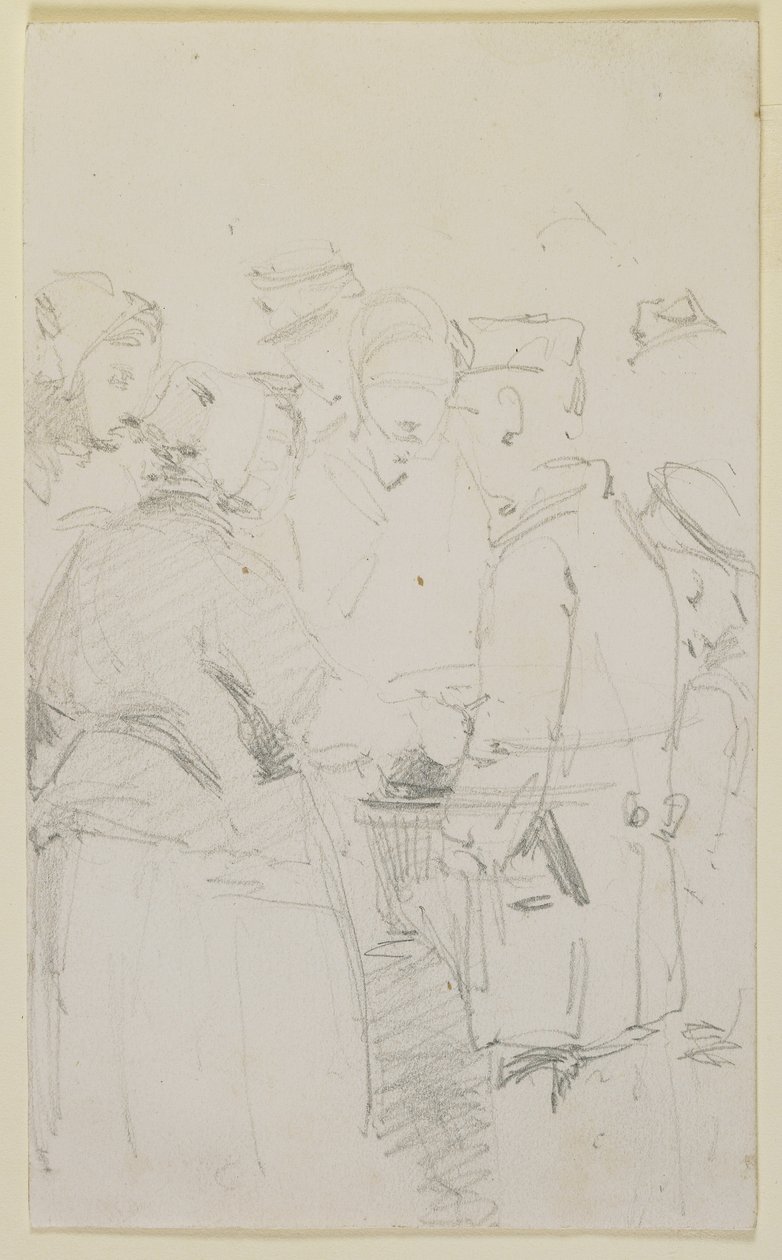 En grupp figurer runt en eldfat, 1858 (penna på benvitt vävt papper) av James Abbott McNeill Whistler
