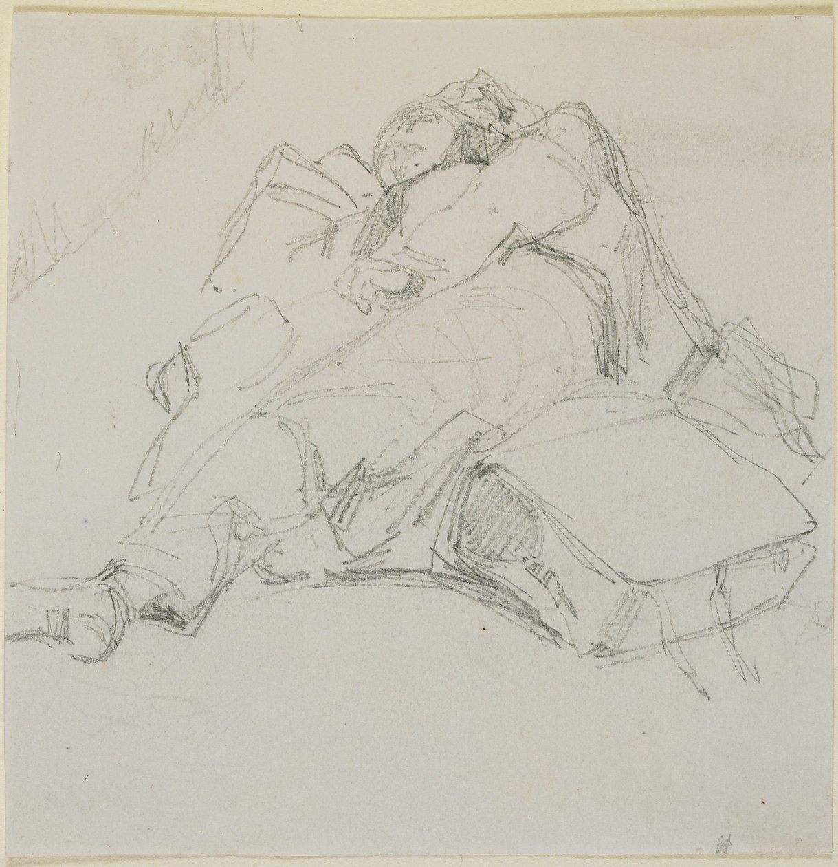 En man som sover på en hög med bagage, 1858 (blyerts på naturvitt papper) av James Abbott McNeill Whistler