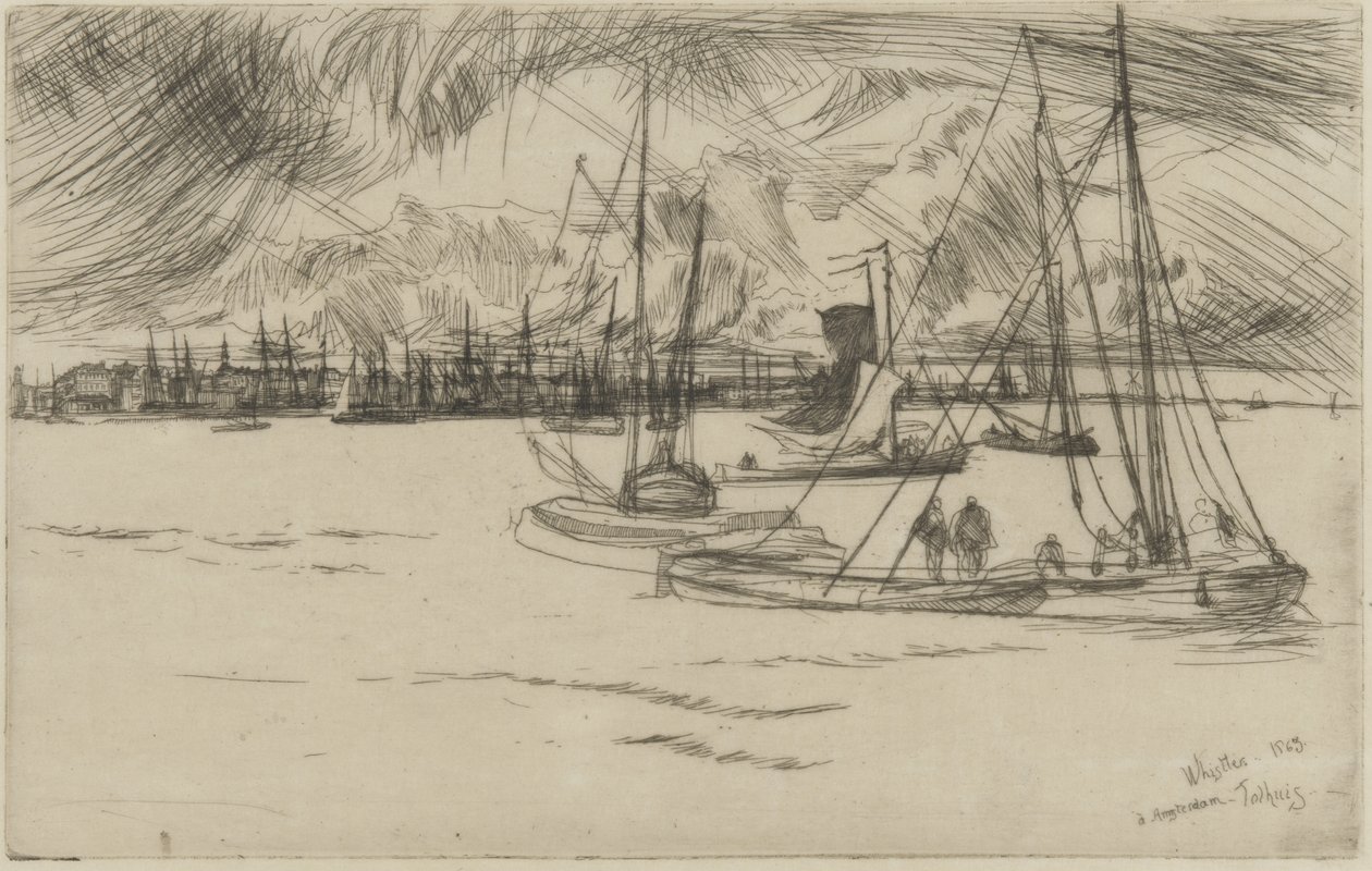 Amsterdam från Tolhuis, 1863 (etsning på papper) av James Abbott McNeill Whistler