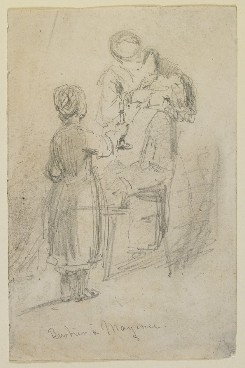Barberare i Mayence, 1858 (penna på benvitt vävt papper) av James Abbott McNeill Whistler