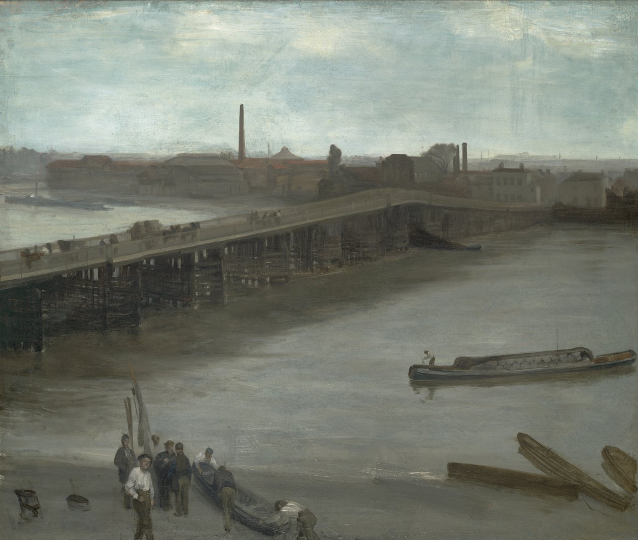 Brunt och silver: Old Battersea Bridge, 1859-1863 (olja på duk monterad på masonit) av James Abbott McNeill Whistler