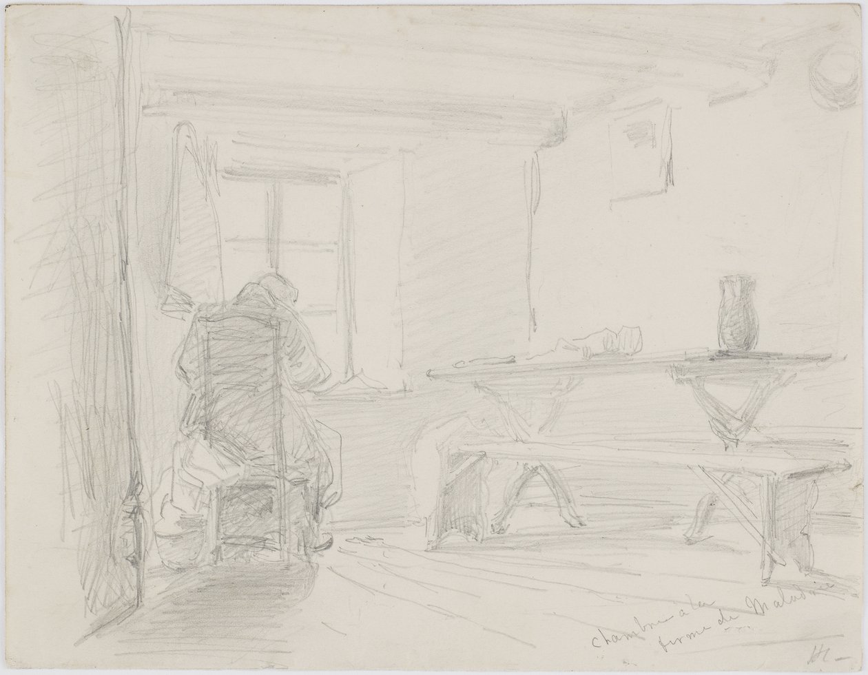 Chambre la Ferme de Maladrie, c.1861 (penna på vitt papper); av James Abbott McNeill Whistler