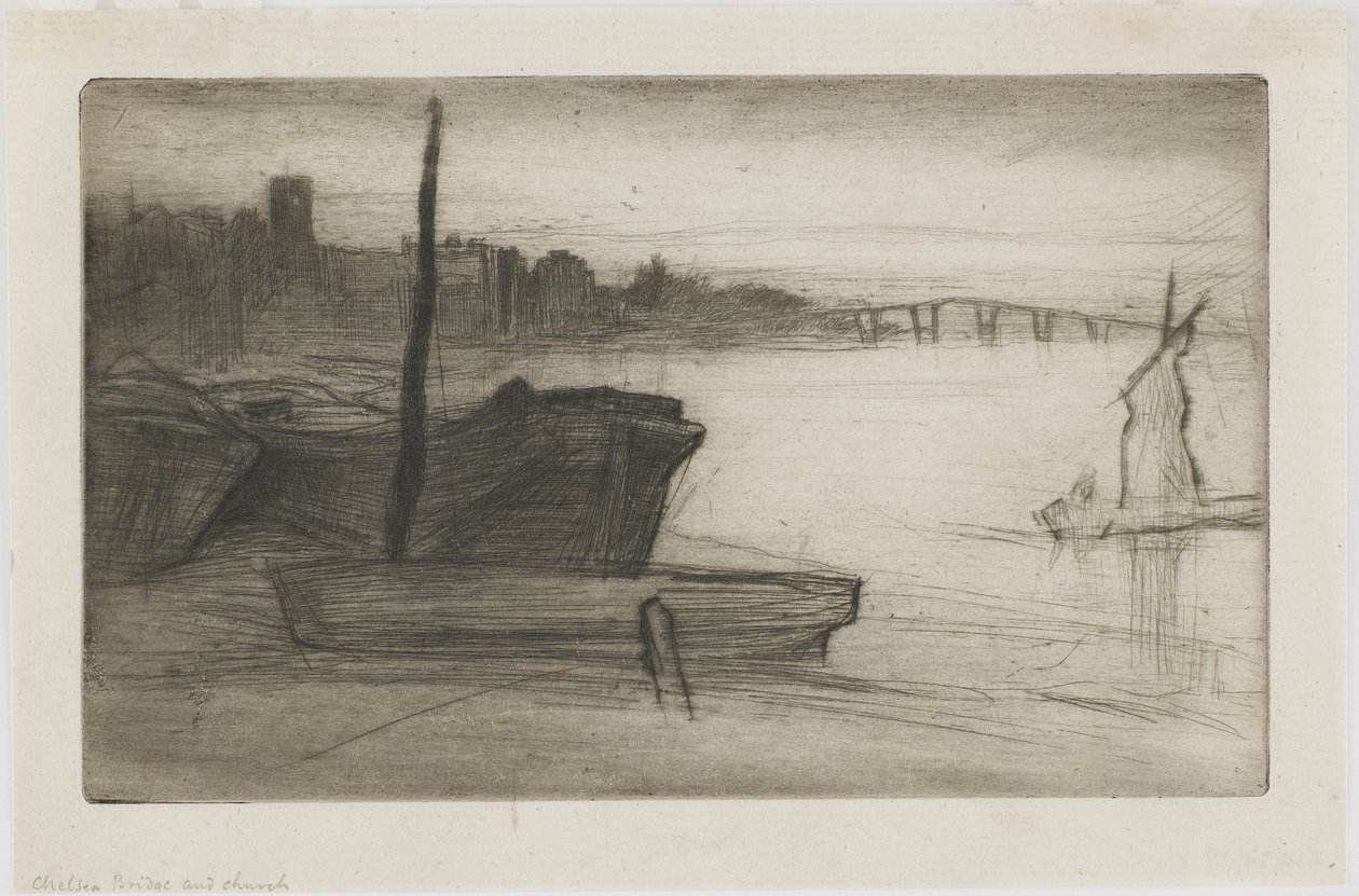 Chelsea Bridge och kyrkan, ca 1870-71 (torrnål på papper) av James Abbott McNeill Whistler