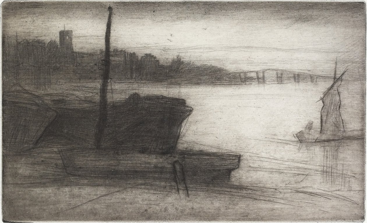 Chelsea Bridge och kyrkan från sexton etsningar av scener på Themsen och andra ämnen, 1870-1871 av James Abbott McNeill Whistler