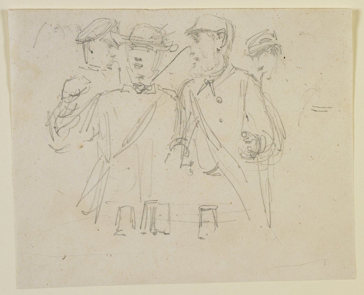 Grupp om fyra män, 1858 (penna på benvitt vävt papper) av James Abbott McNeill Whistler