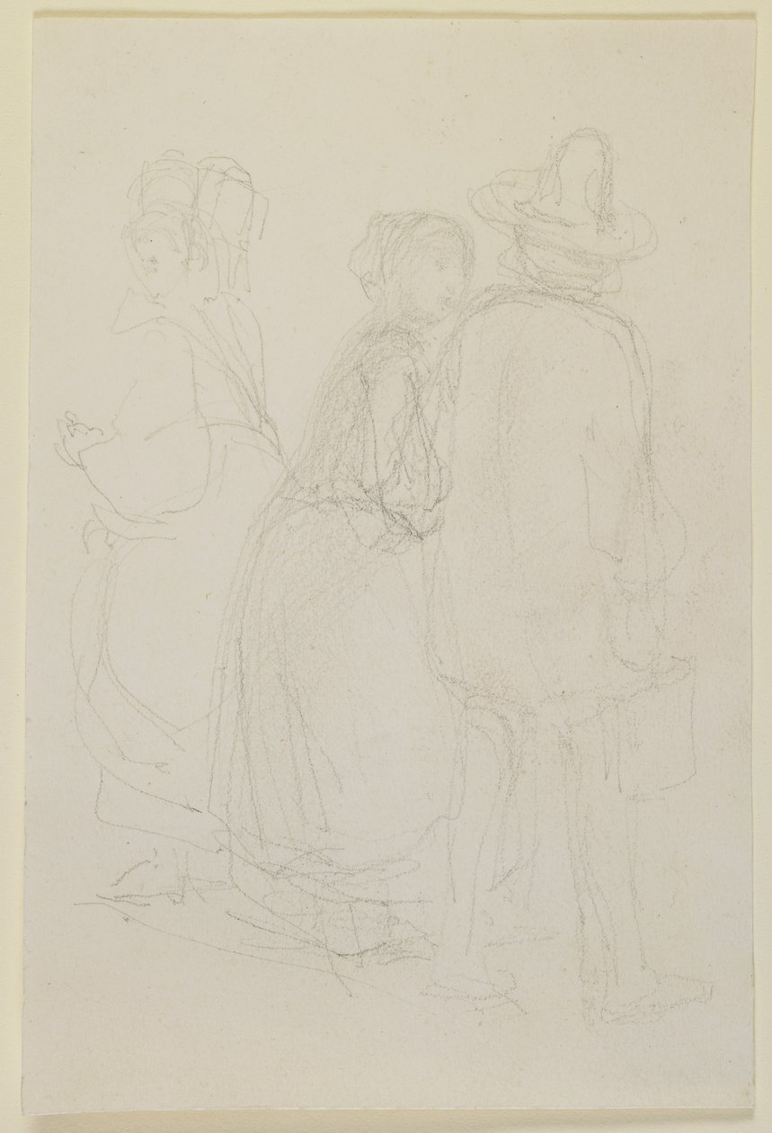 Grupp med tre stående figurer, 1858 (penna på benvitt vävt papper) av James Abbott McNeill Whistler