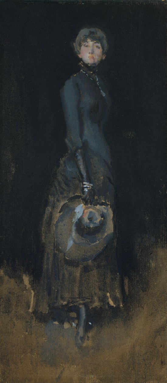 Lady in Grey, ca. 1883 (wc og gouache på mørkebrunt vævet papir) swed av James Abbott McNeill Whistler