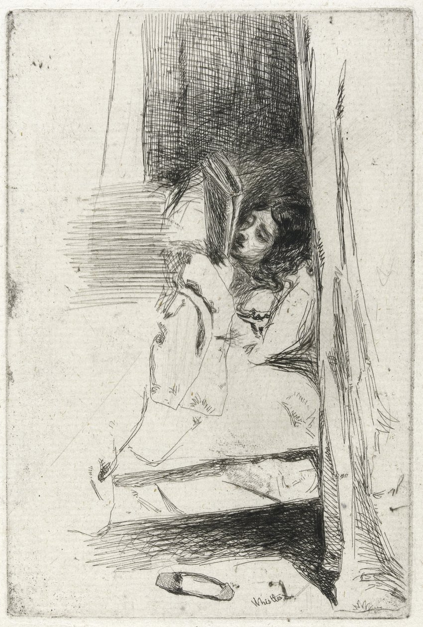 Läsning i sängen (Toffel) 1858 (svart kolbläck på antikt papper) av James Abbott McNeill Whistler
