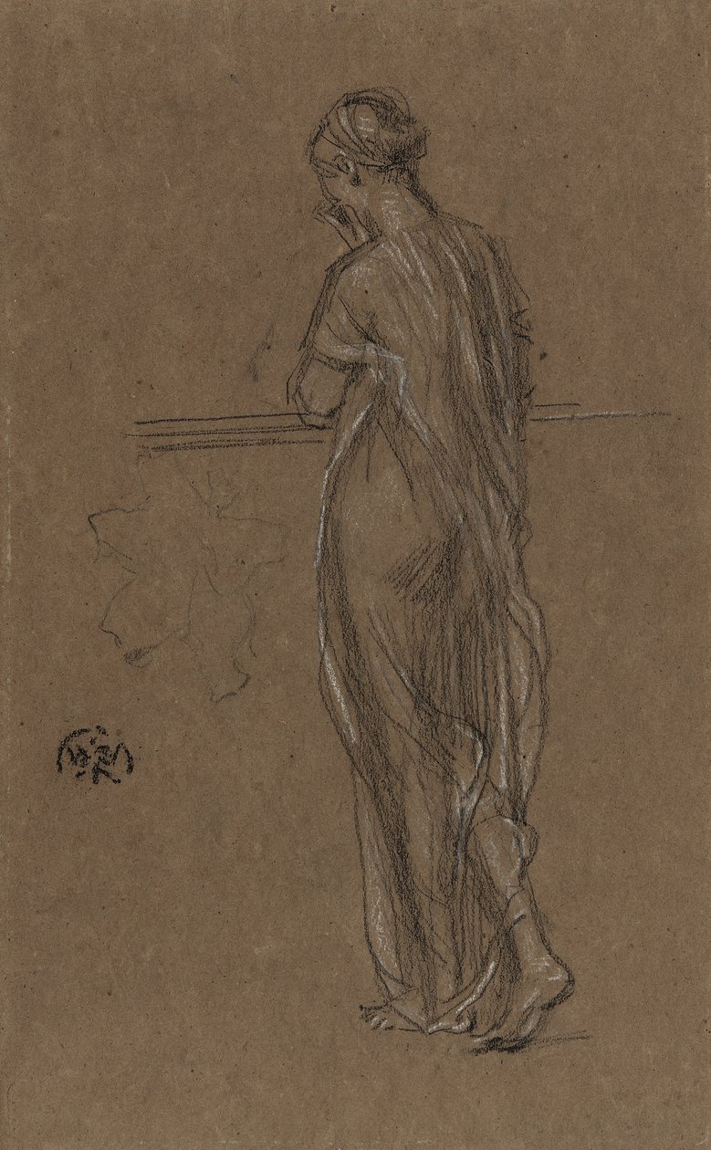 Stående draperad figur, ca 1868 (svart och vit krita på brunt papper) av James Abbott McNeill Whistler