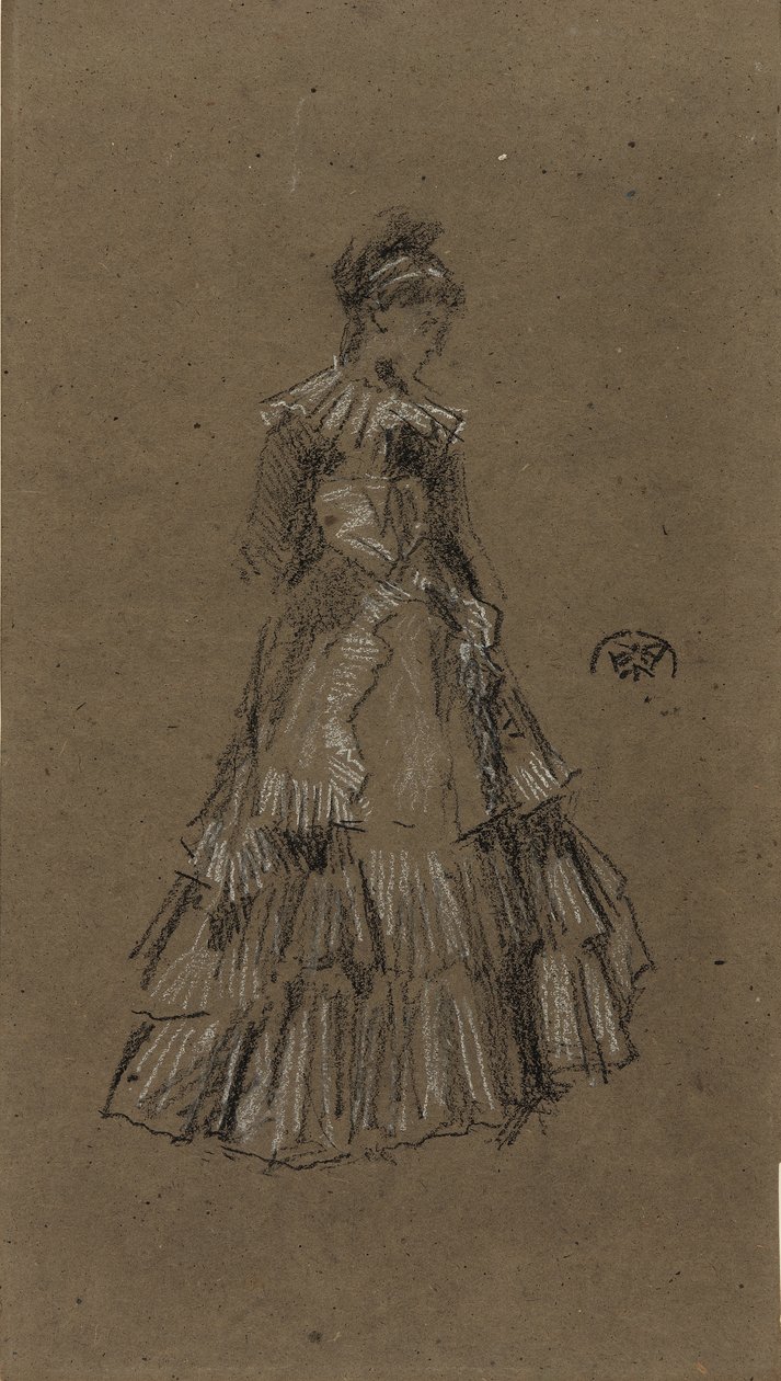 Stående kvinna i volangklänning, ca 1873-75 (svart och vit krita på brunt papper) av James Abbott McNeill Whistler