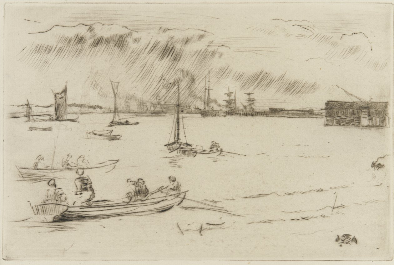 Themsen mot Erith, ca 1877 (torrnål på papper) av James Abbott McNeill Whistler