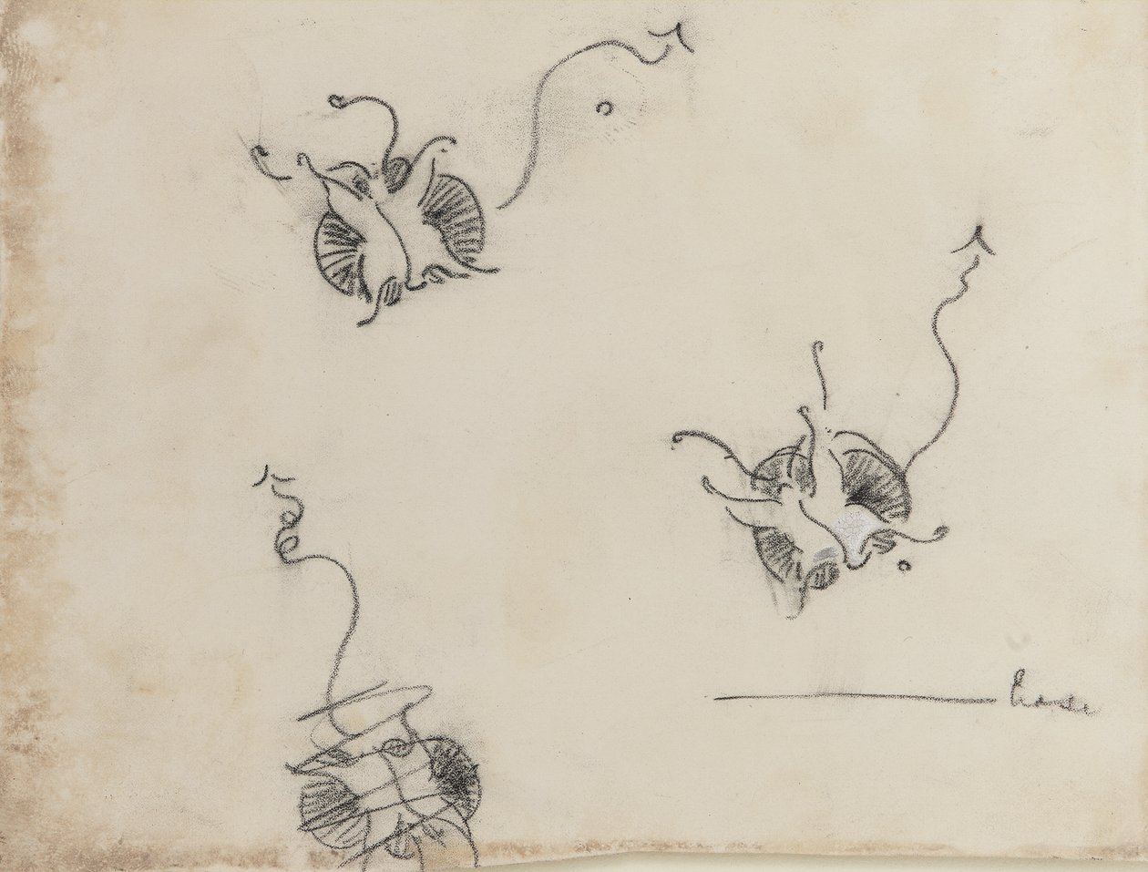 Tre whistlerfjärilar och en förstörd skiss, c.1890 (krita och kinesisk vit på litografiskt överföringspapper) av James Abbott McNeill Whistler