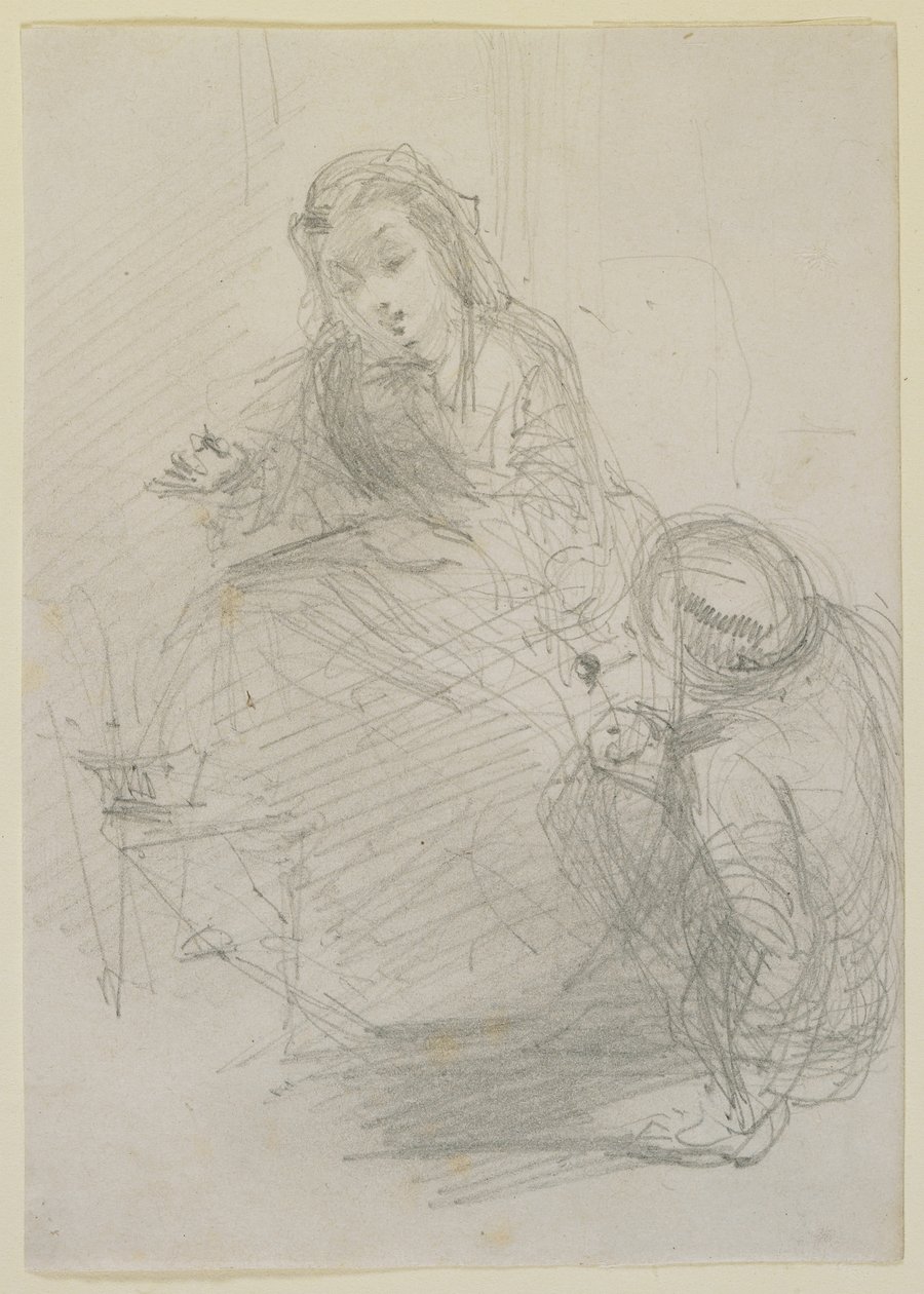 Två figurer: en flicka sittande och en man på marken till vänster om henne, ca 1855-59 (penna på benvitt papper) av James Abbott McNeill Whistler