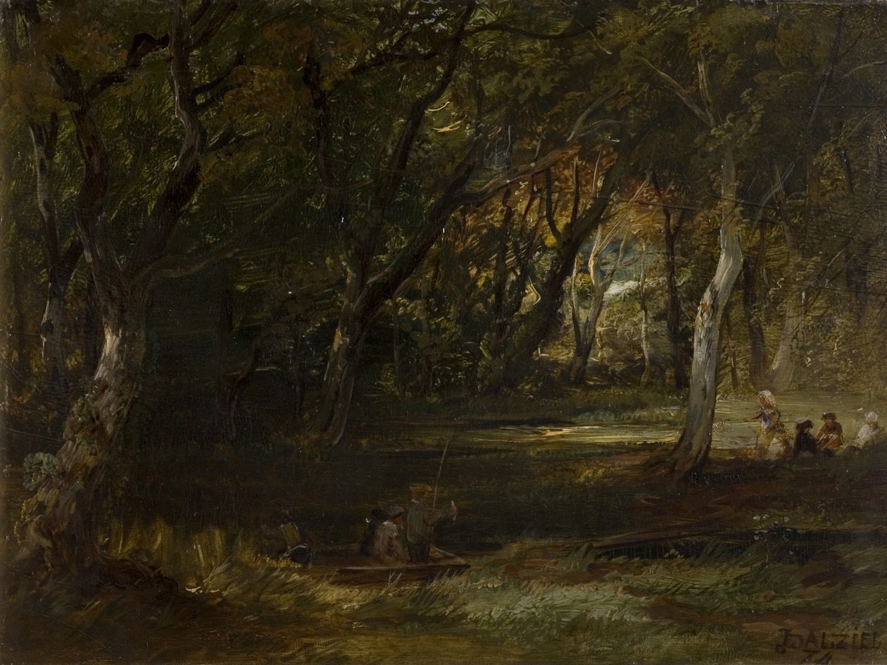Figurer i Woodland (olja på panel (trä)) av James B. Dalziel