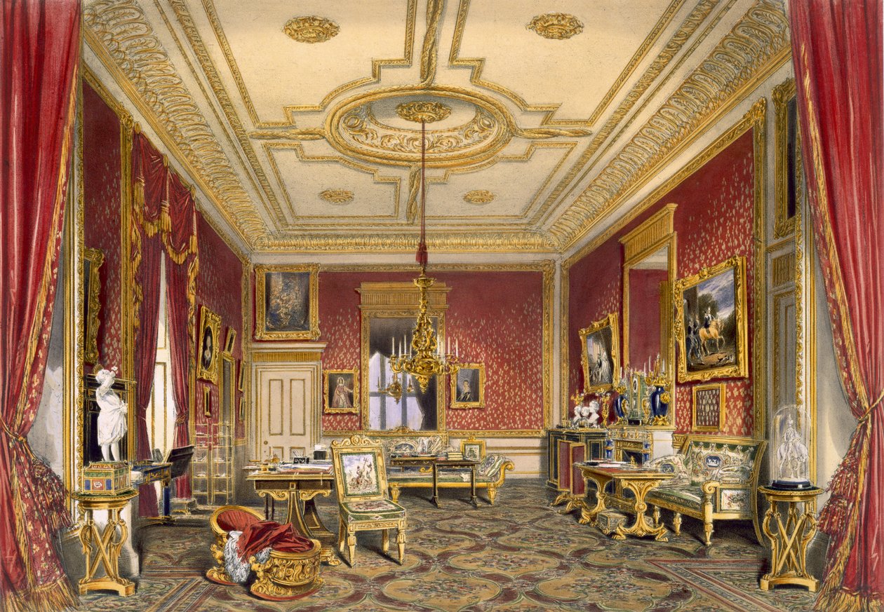 Drottningens privata vardagsrum, Windsor Castle, 1838 (kromolit) av James Baker Pyne
