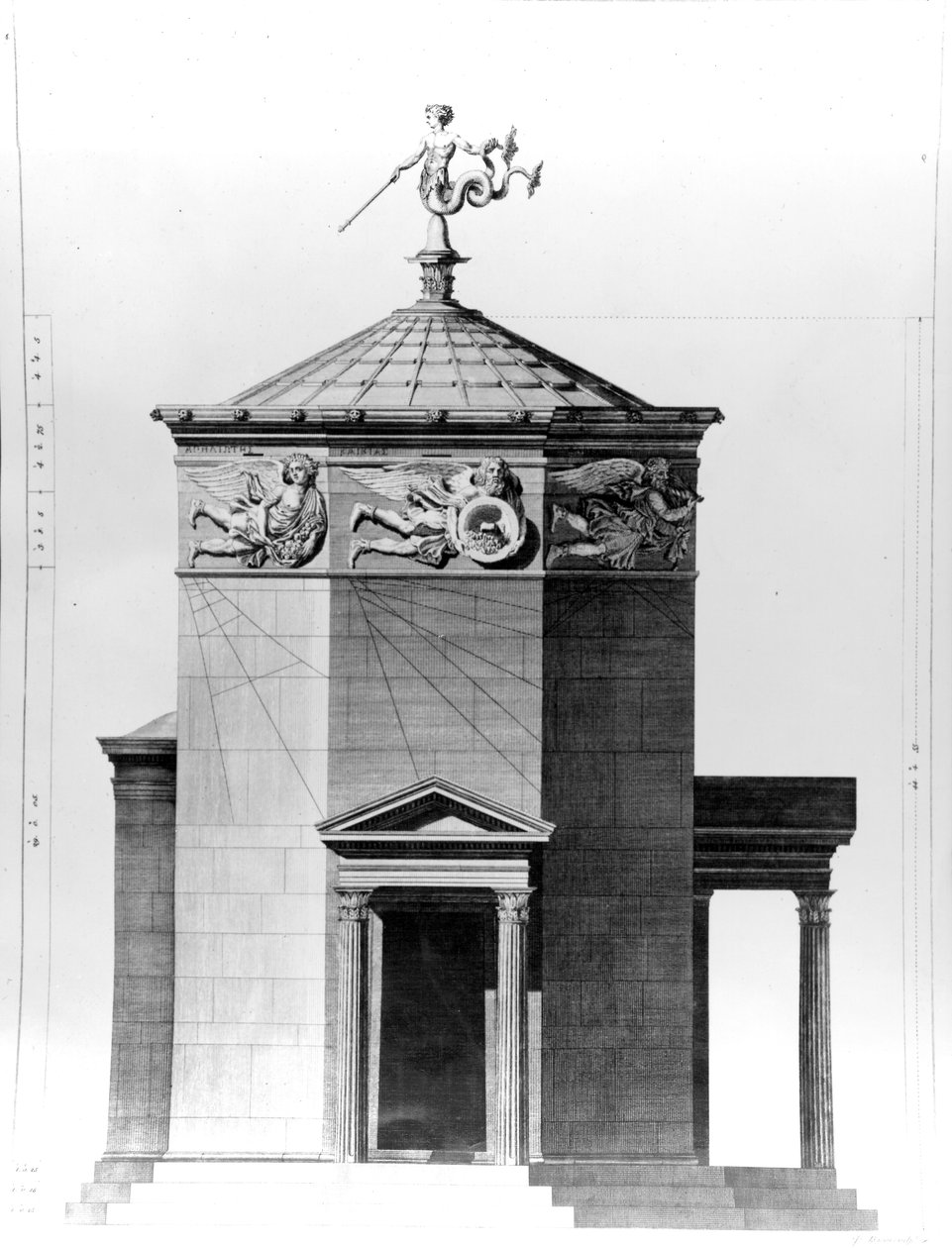 En rekonstruktion av Vindtornet i den romerska agoran i Aten, graverad 1762 av James Basire