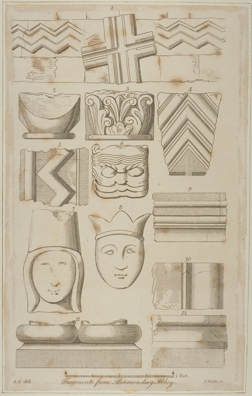 Fragment av stenristning från Abbey of St Saviour i Bermondsey av James Basire
