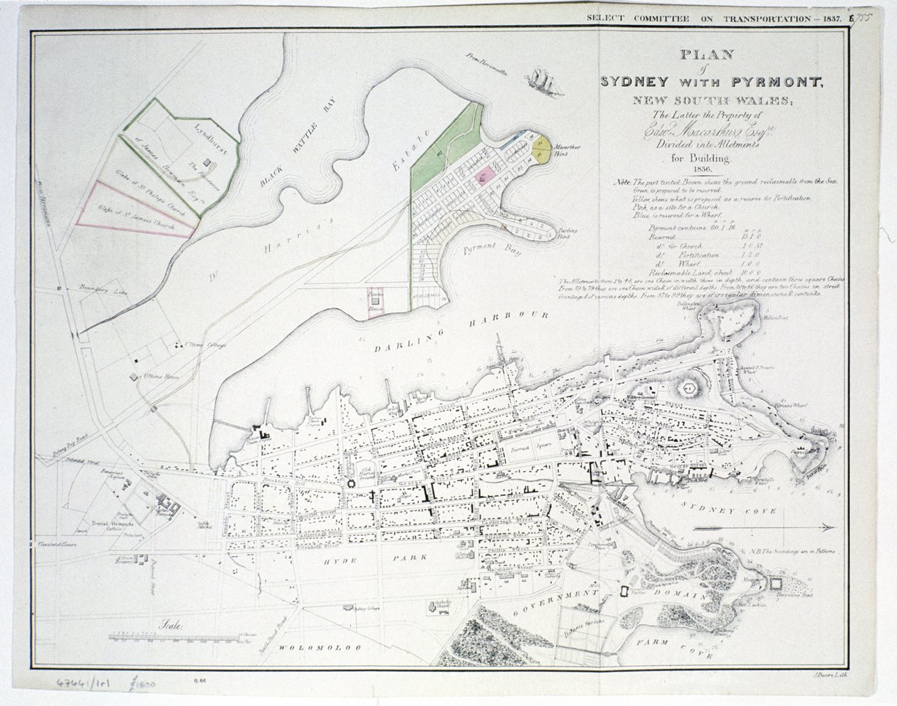 Plan över Sydney och Pyrmont, New South Wales, den senare tillhörande Edward Macarthure Esquire och är uppdelad i tomter för bebyggelse, 1836, utgiven av James och Luke G. Hansard und Sons, London, 1837. av James Basire