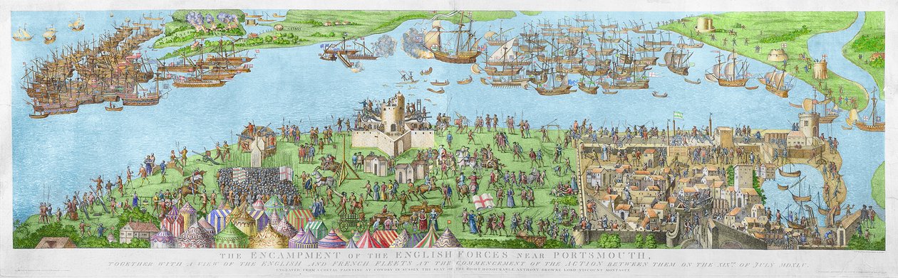 De engelska styrkornas läger nära Portsmouth under slaget vid Solenten, 1778 (gravyr) (senare färgläggning) av James Basire