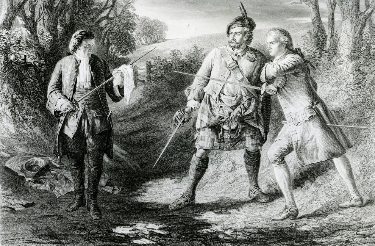 Rob Roy Parting Duellists Rashleigh och Francis Osbaldistone, graverad av John Le Conte (fl.1850-86) 1867 av James Blake McDonald