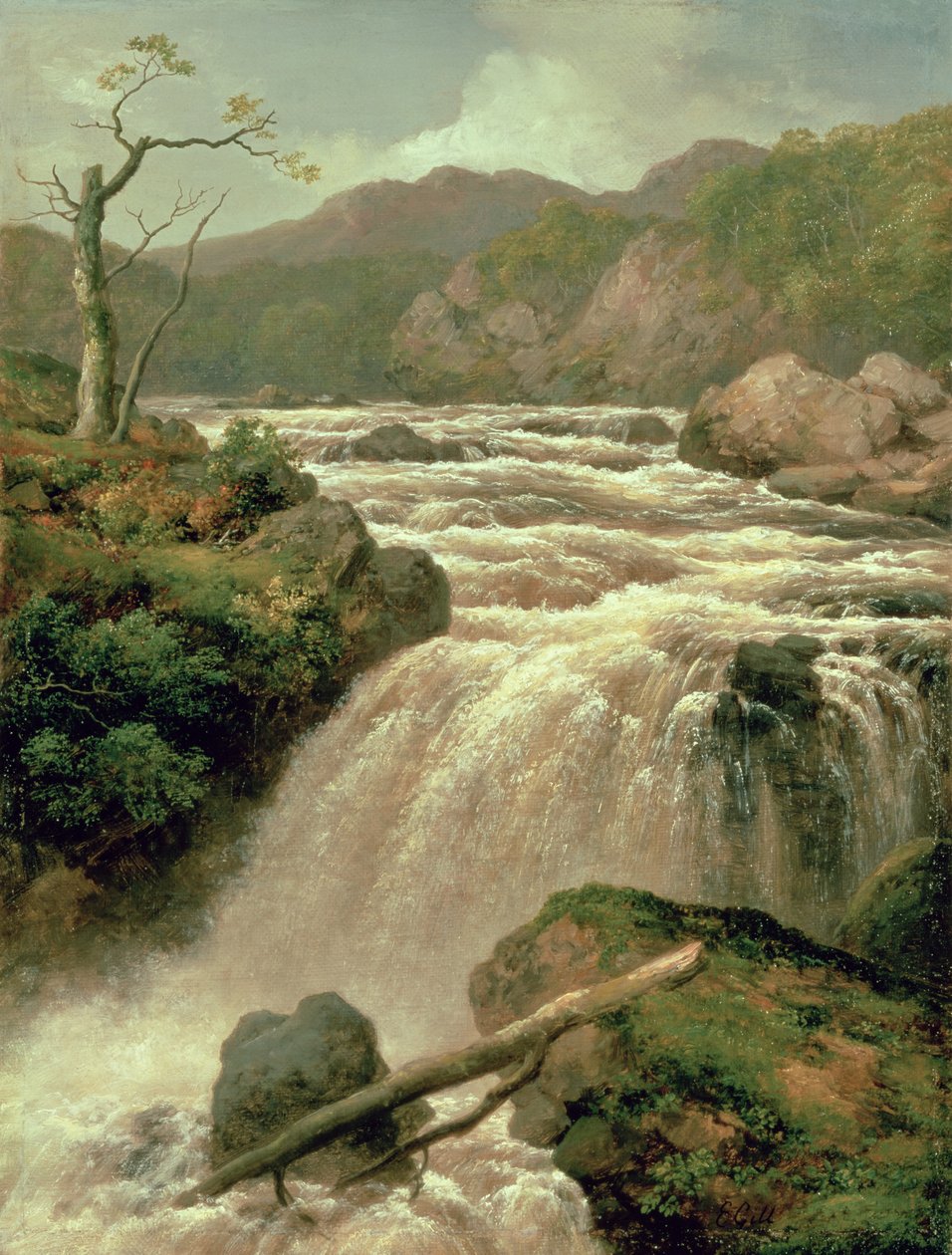 Vattenfall vid floden Neath, södra Wales, 1800-talet av James Burrell Smith