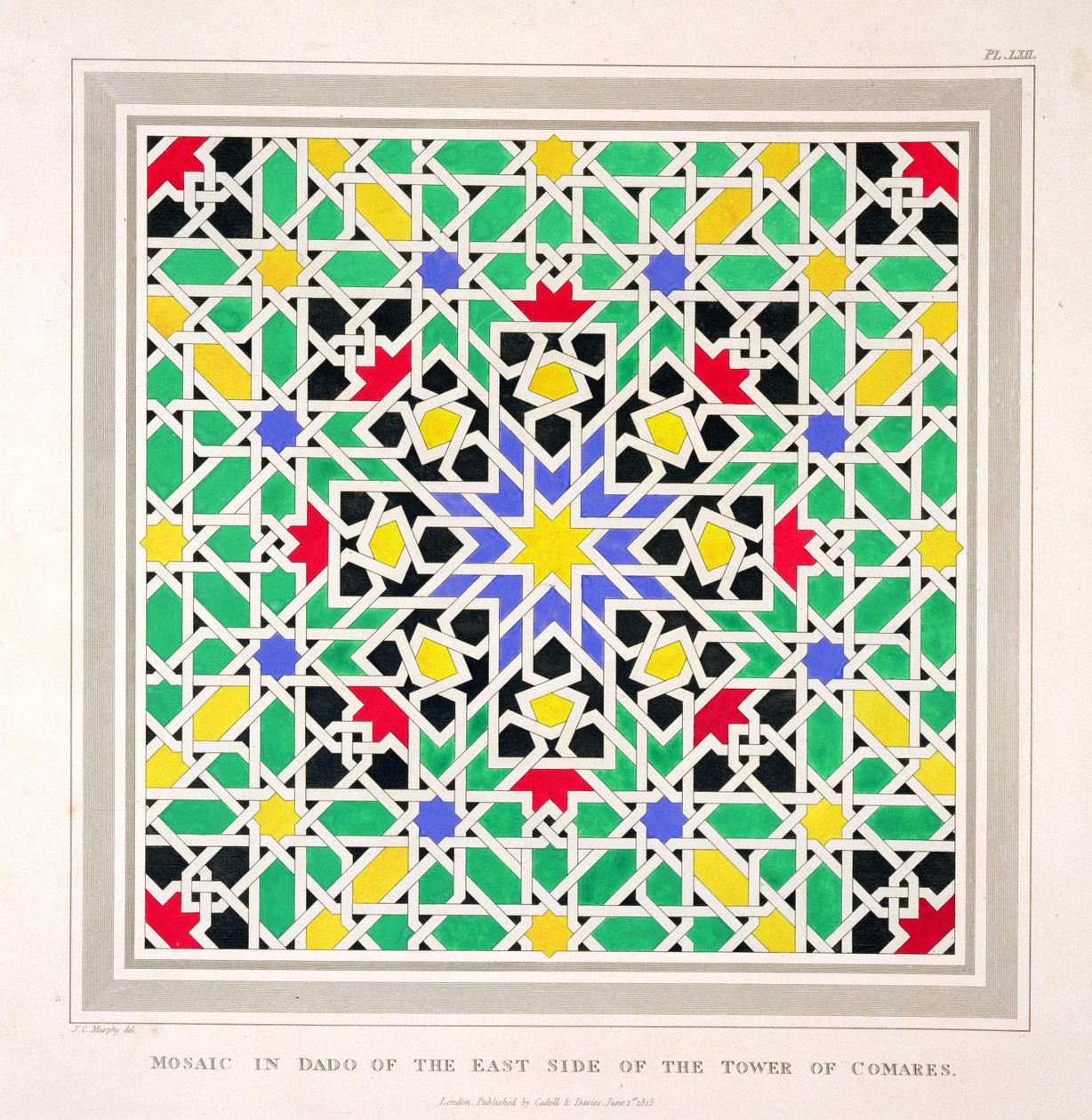 Mosaik i dado på östra sidan av Comares-tornet, Alhambra, från "The Arabian Antiquities of Spain", publicerad 1815 av James Cavanagh Murphy