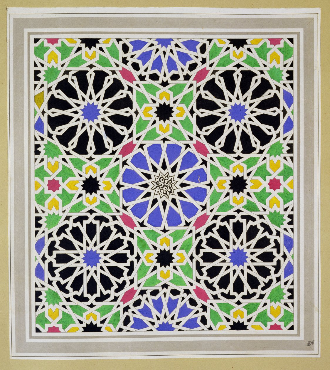 Mosaikplatta i sultanens omklädningsrum i Alhambra, från "The Arabian Antiquities of Spain", publicerad 1815. av James Cavanagh Murphy