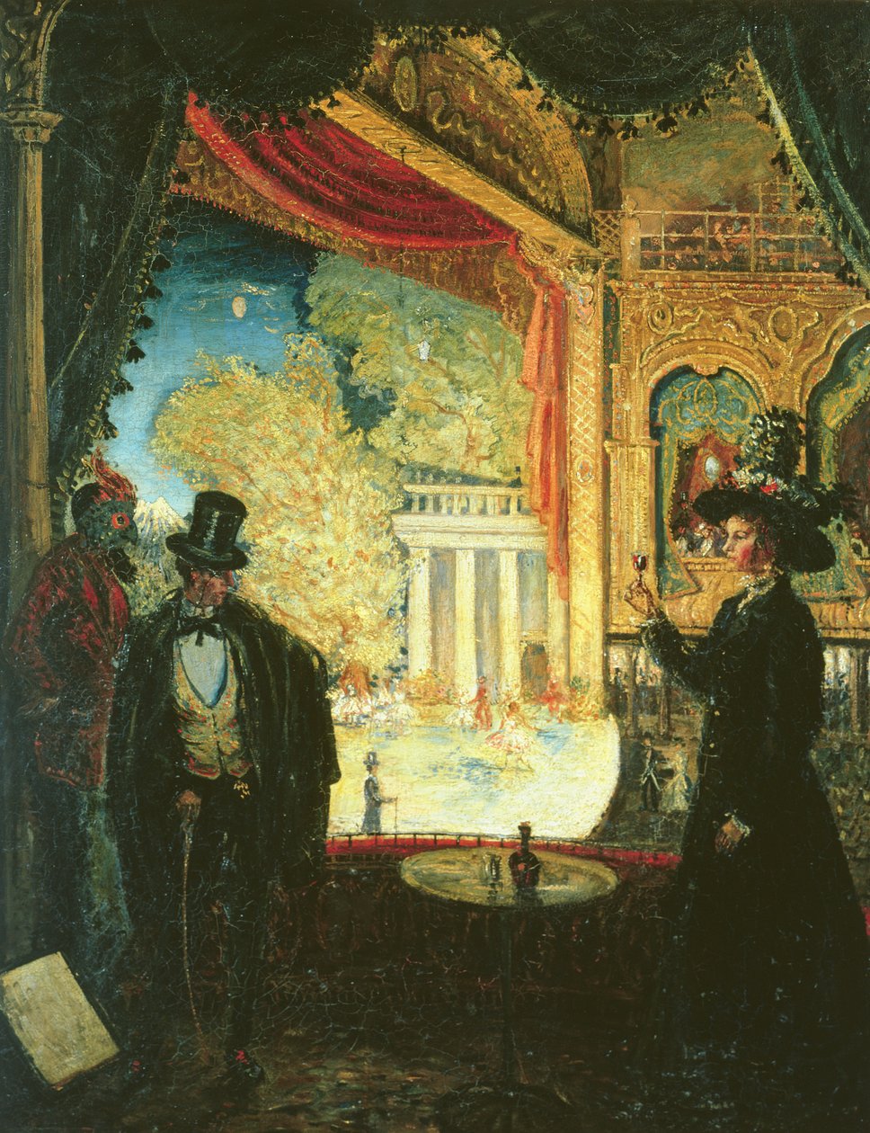 En scen på en teater: En föreställning sedd från en låda i vilken tre figurer står, 1908 av James Dickson Innes