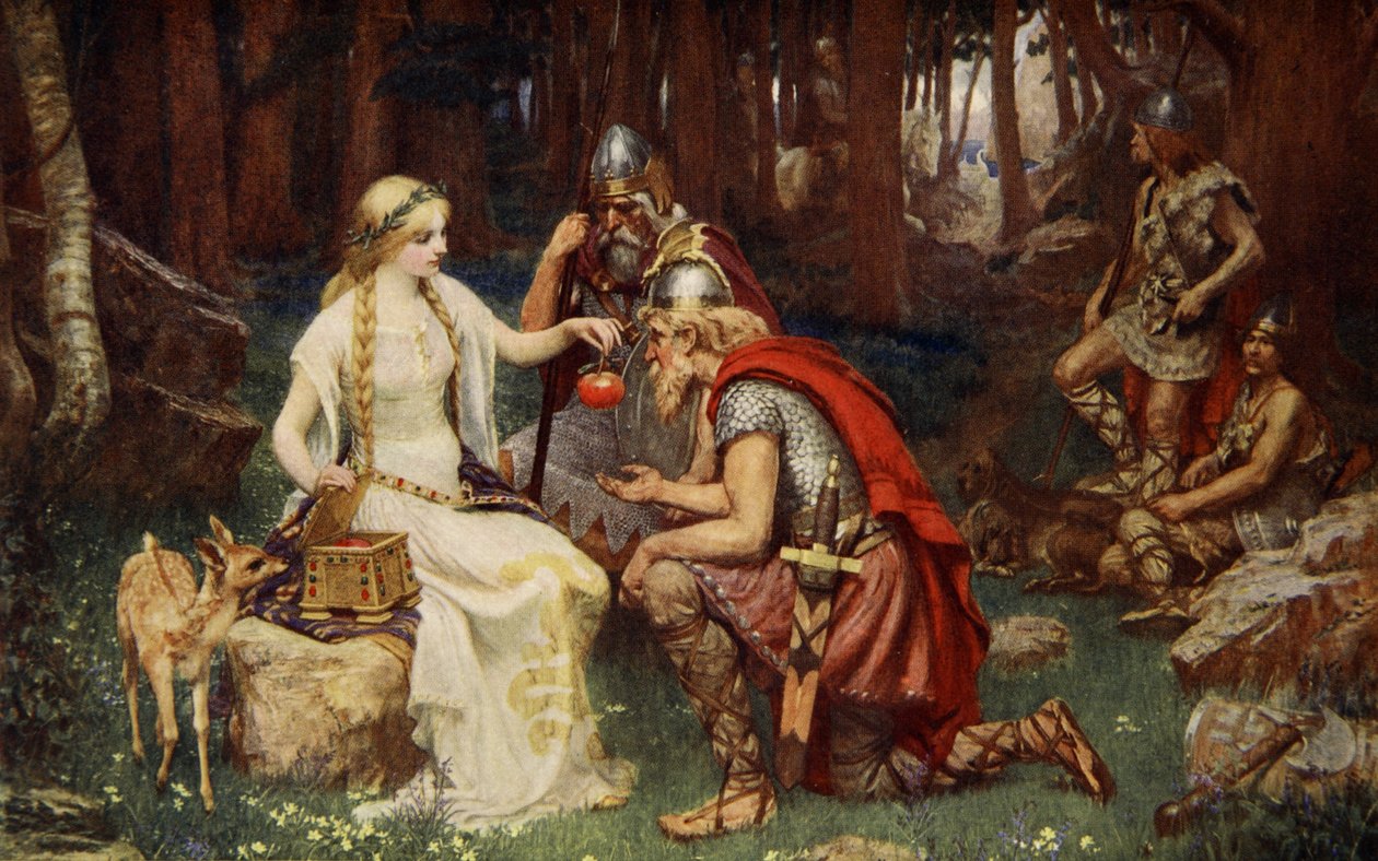 Idun and the Apples, illustration från "Teutonic Myths and Legends" av Donald A. Makenzie, 1890 av James Doyle Penrose
