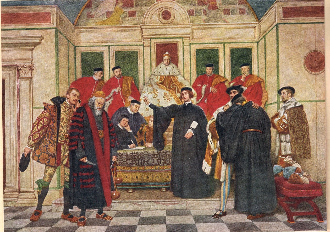 "I vilken situation står du, säger jag", illustration från "Köpmannen i Venedig", omkring 1910. av James Dromgole Linton